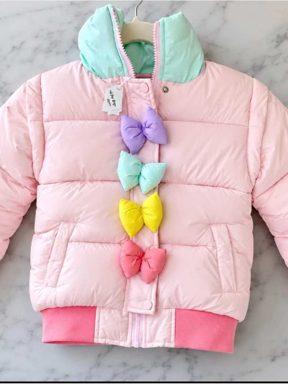 Kids Pink Puffer Jacket with Multicolor Bows - Brand: